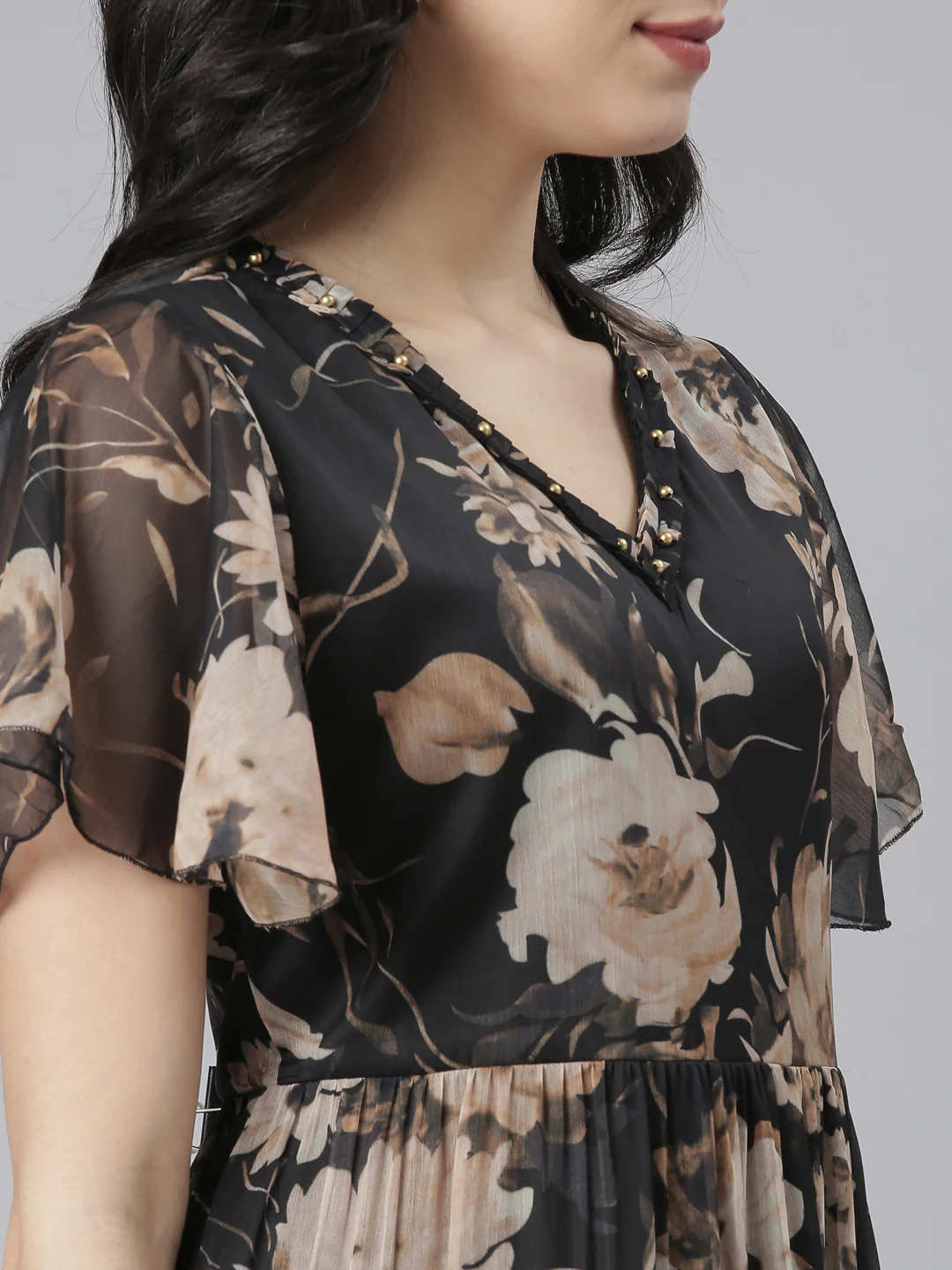 Neerus Black Flared Casual Floral Dresses - Image 4