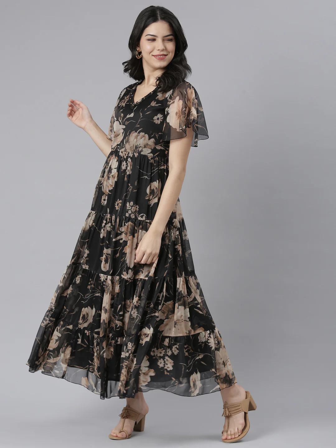 Neerus Black Flared Casual Floral Dresses - Image 5