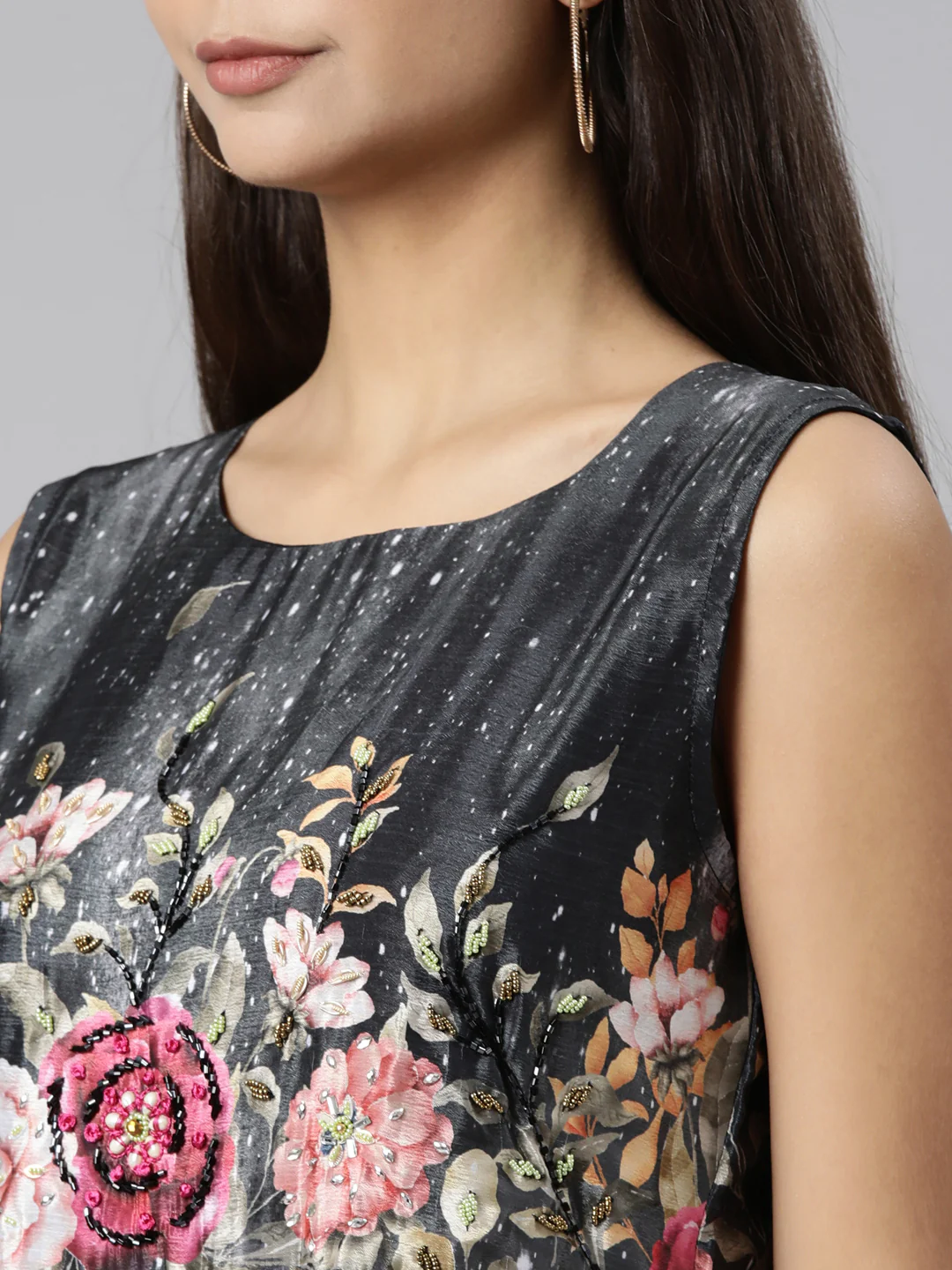 Neerus Black Flared Casual Floral Dresses - Image 4