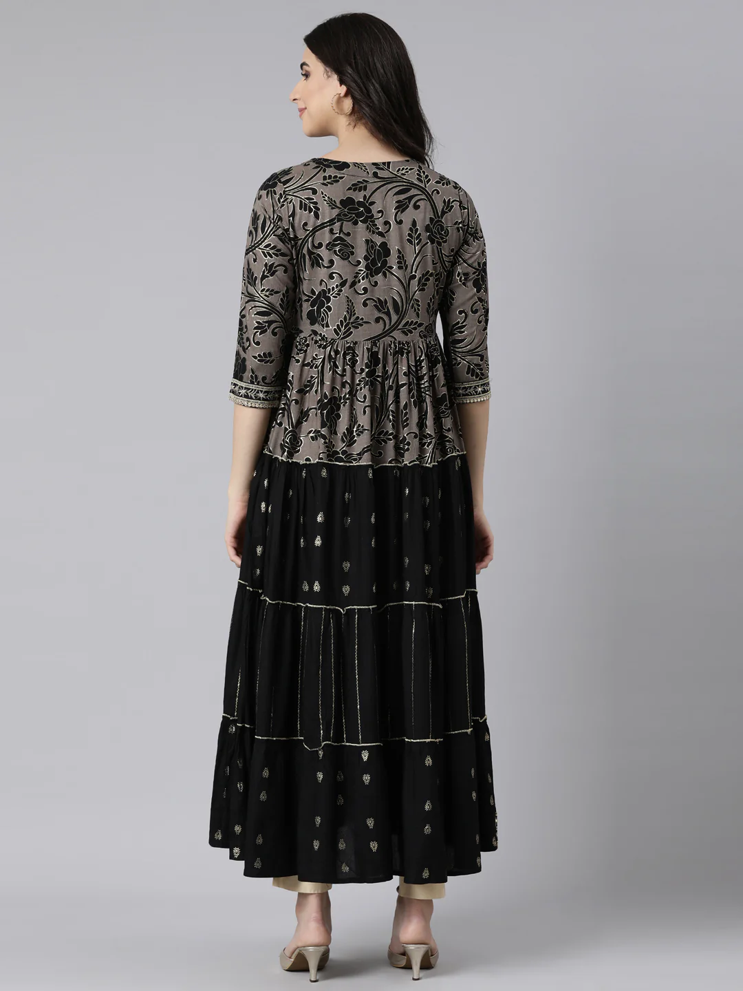 Neerus Black Flared Casual Floral Maxi Dresses - Image 3