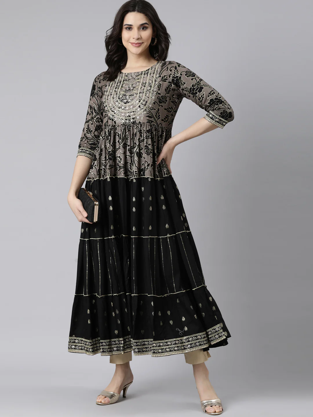 Neerus Black Flared Casual Floral Maxi Dresses - Image 5