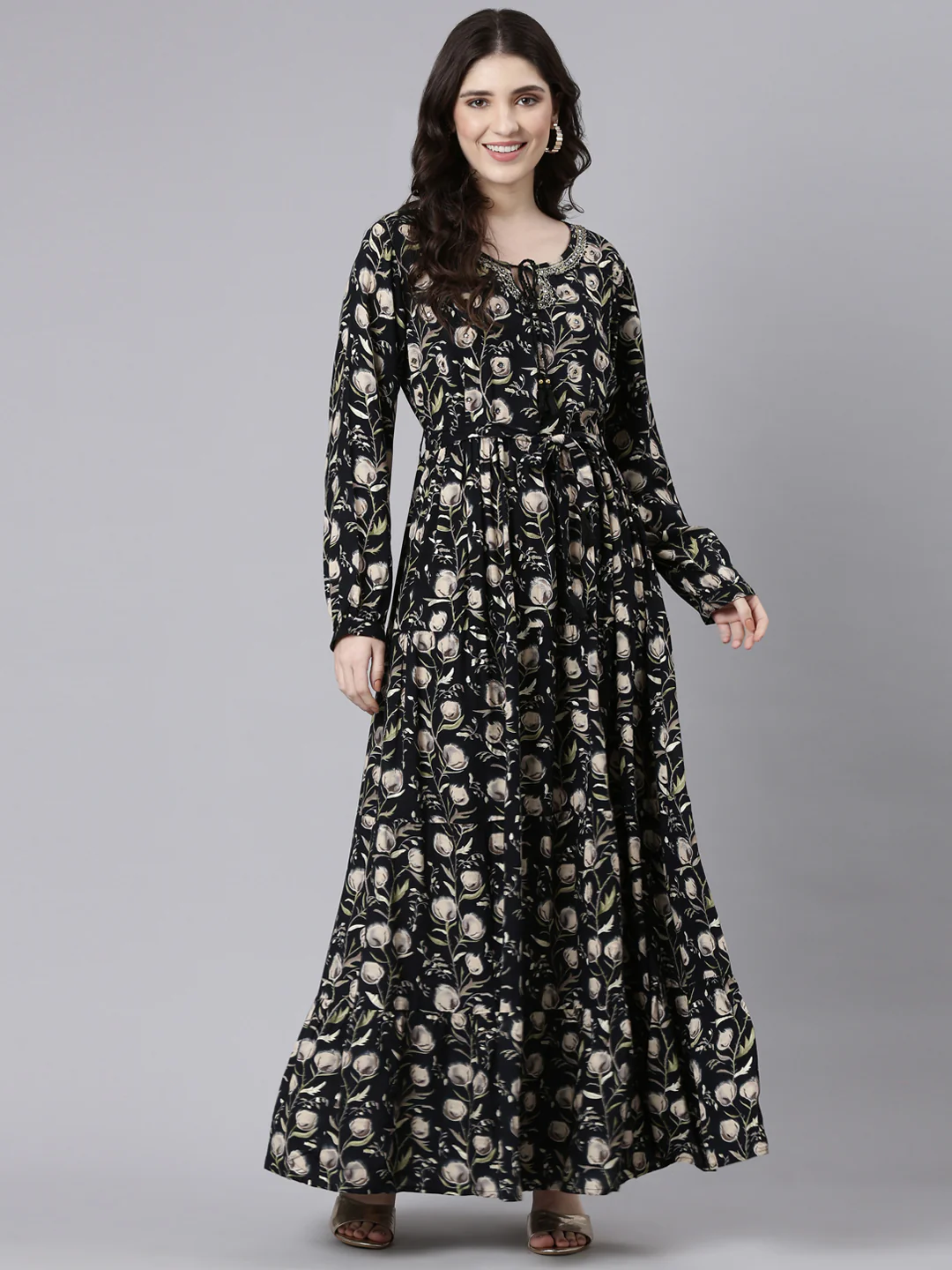 Neerus Black Flared Casual Printed Fit And Flare Dresses - Image 2
