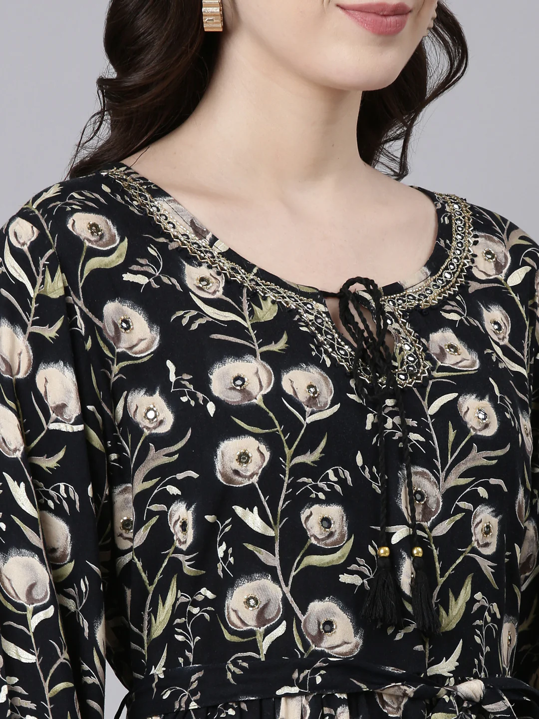 Neerus Black Flared Casual Printed Fit And Flare Dresses - Image 4