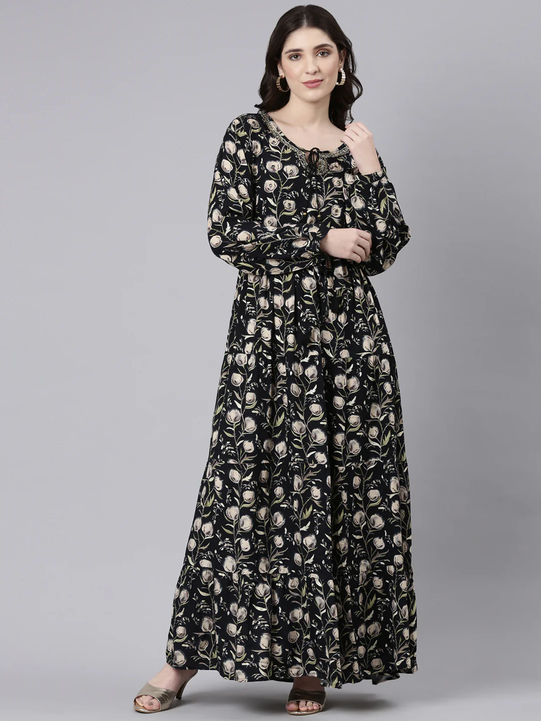 Neerus Black Flared Casual Printed Fit And Flare Dresses - Image 5