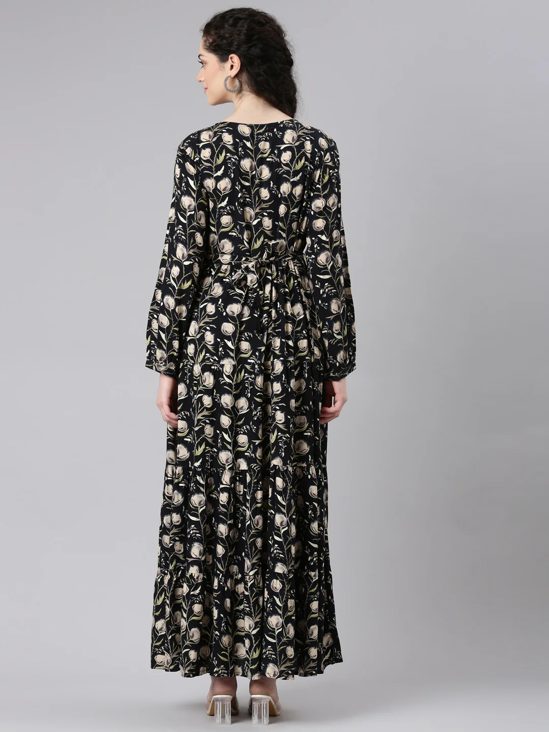 Neerus Black Floral Printed Maxi Dresses - Image 3