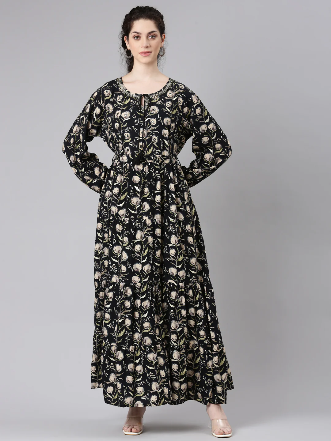 Neerus Black Floral Printed Maxi Dresses - Image 5