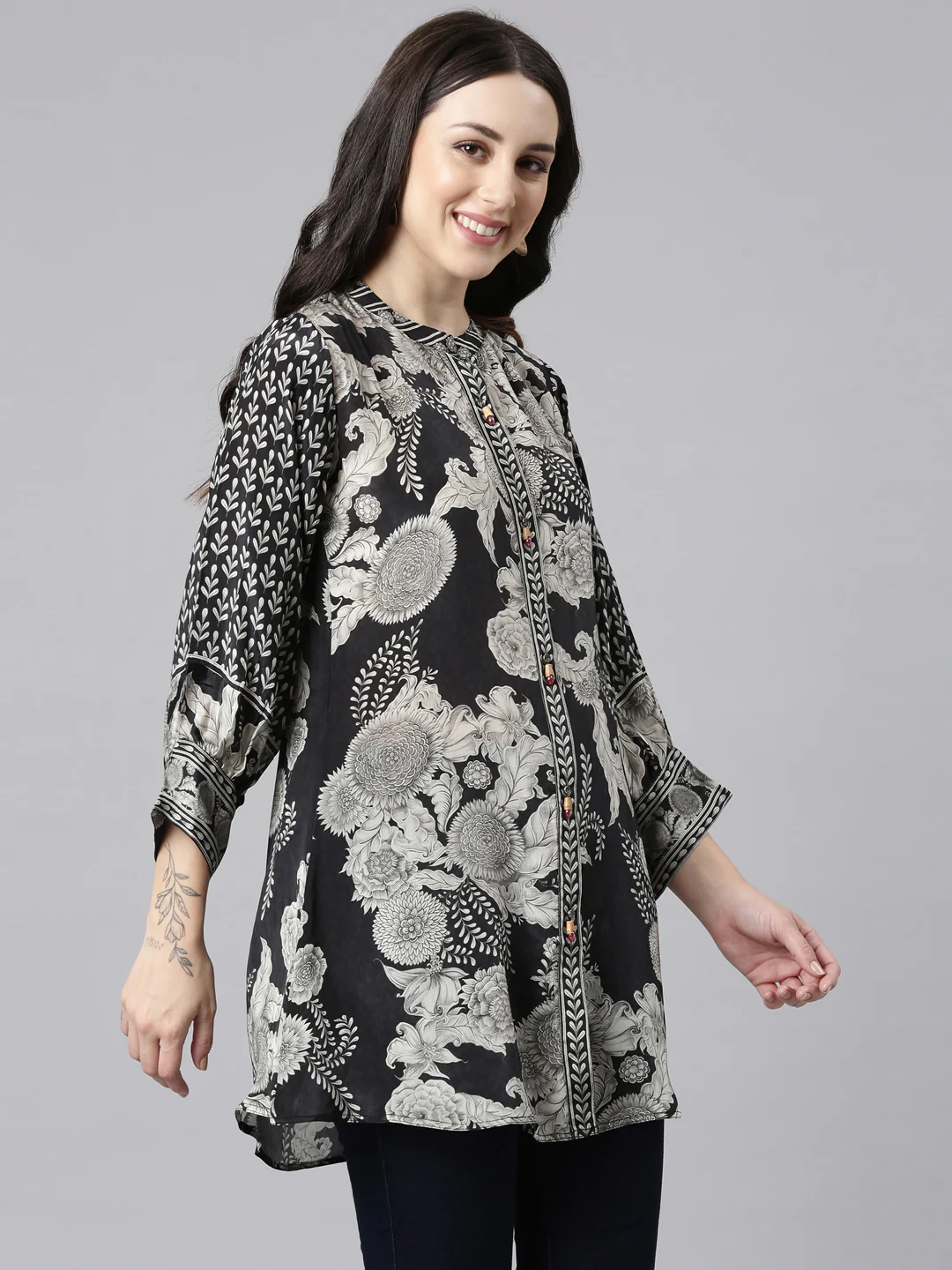Neerus Black High-Low Casual Printed Straight Kurtis - Image 2