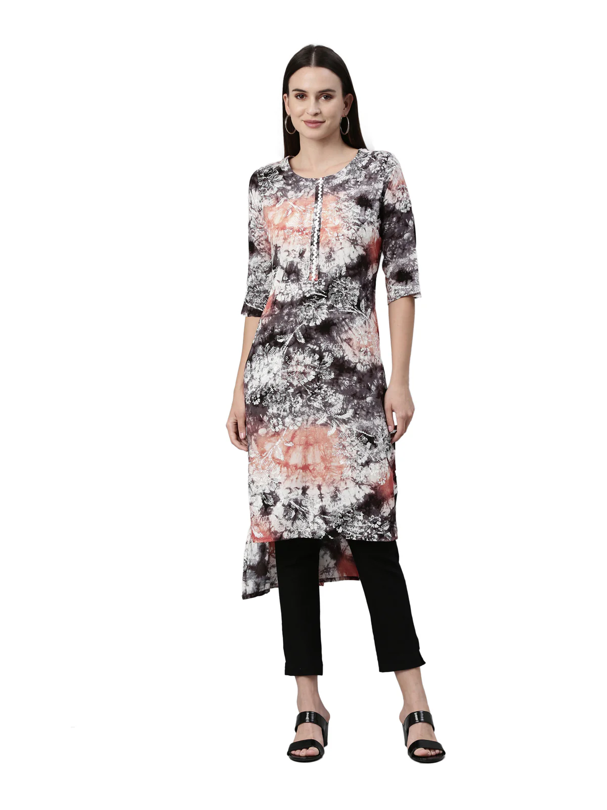 Neerus Black Orange Color Rayon Fabric Kurta