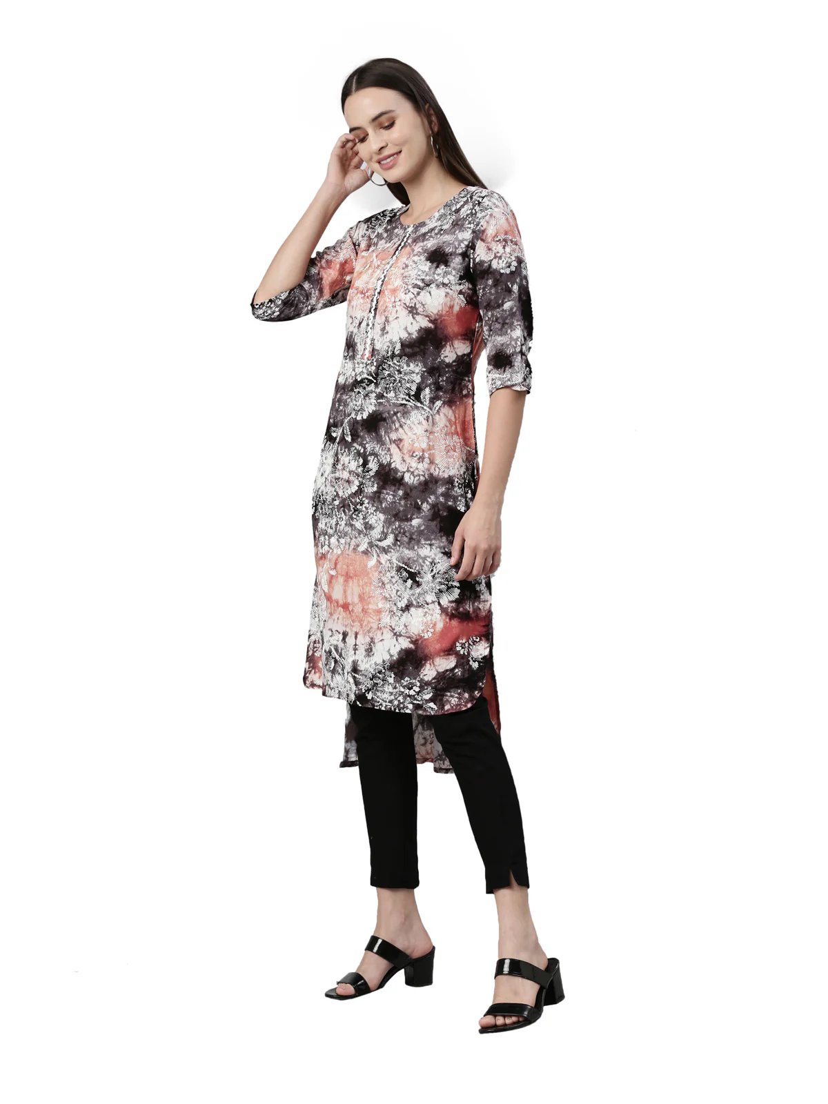 Neerus Black Orange Color Rayon Fabric Kurta - Image 3
