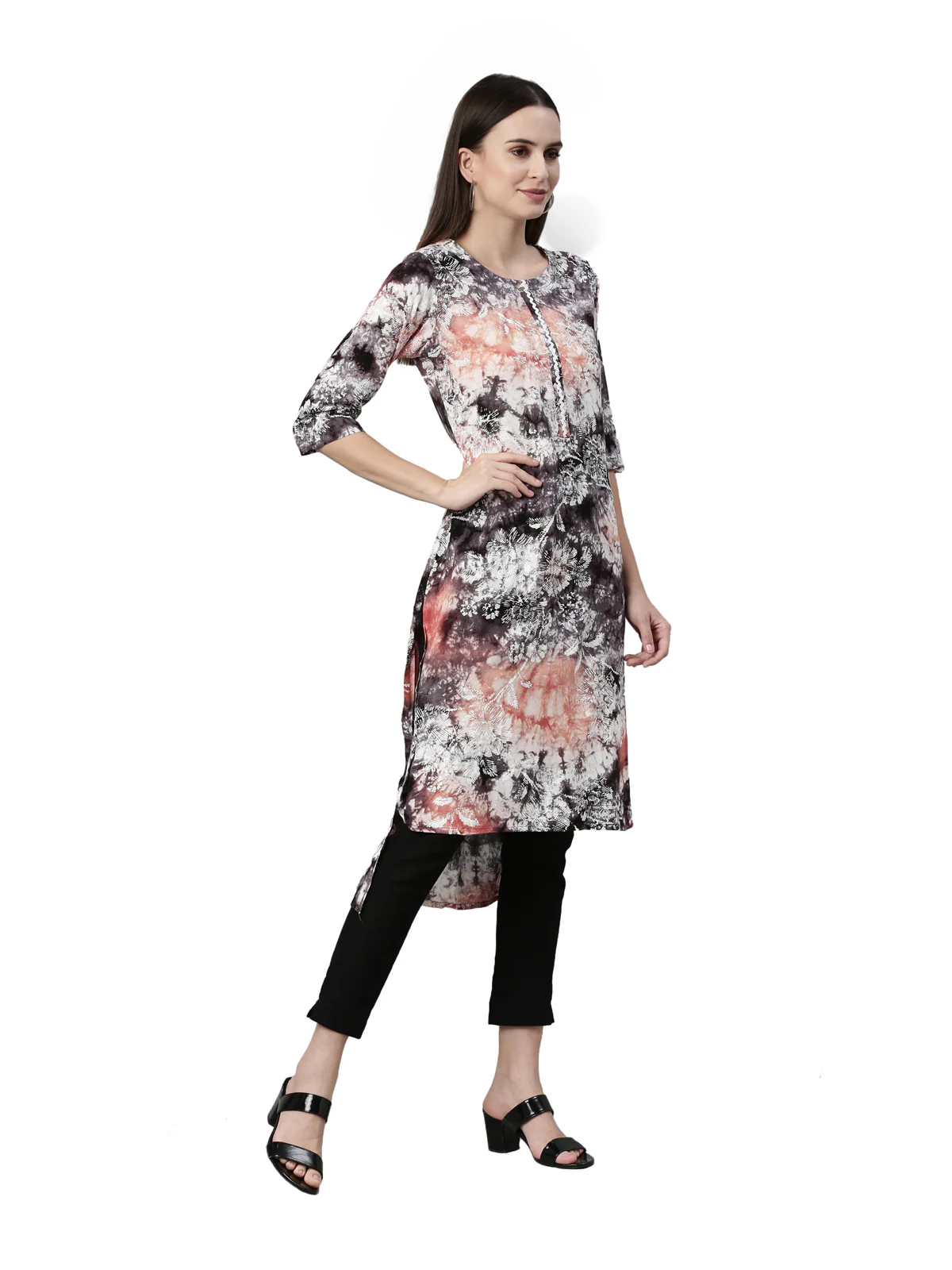 Neerus Black Orange Color Rayon Fabric Kurta - Image 4