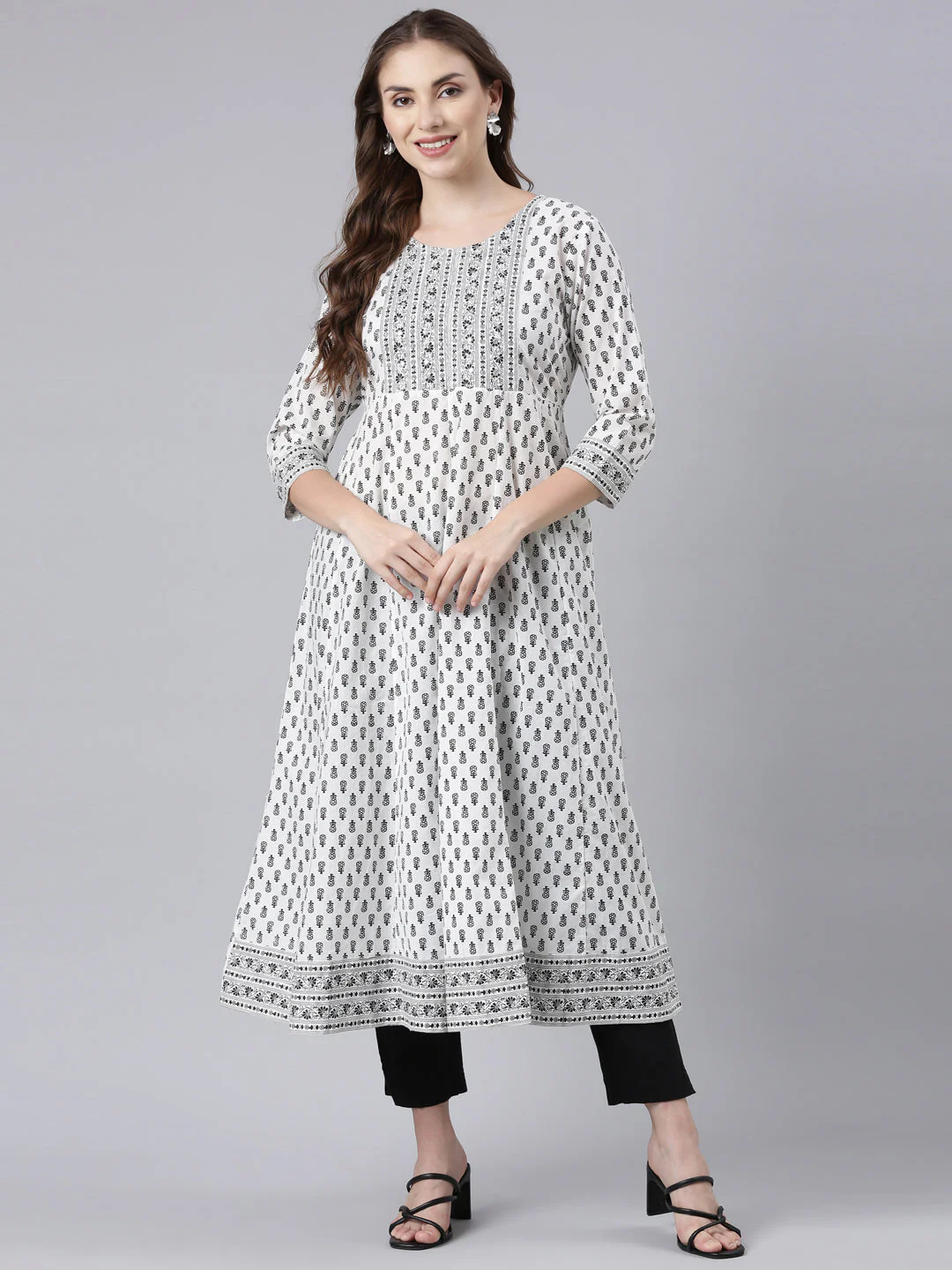 Neerus Black Panelled Anarkali Floral Kurta - Image 5