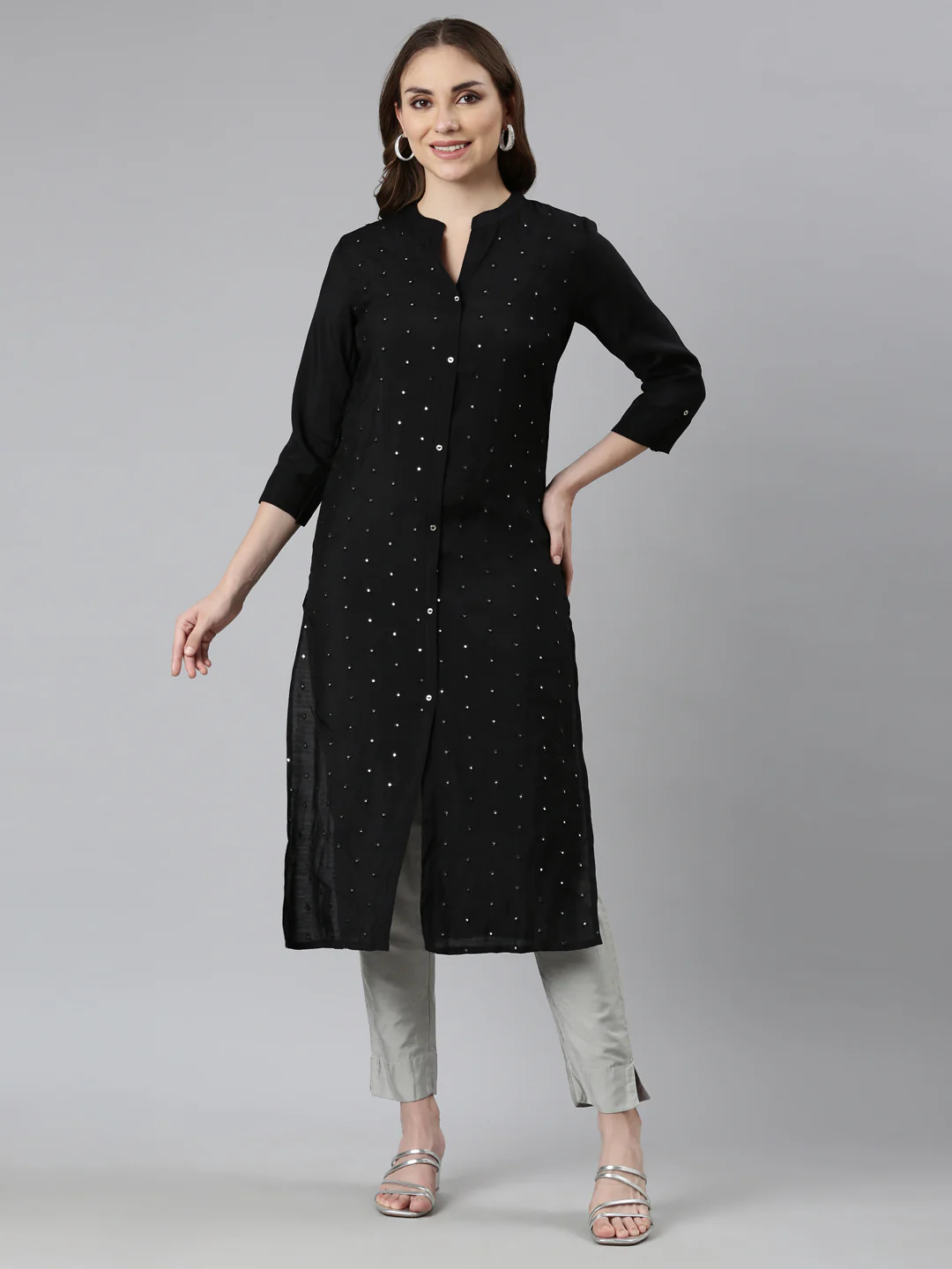 Neerus Black Panelled Straight Embellished Kurta