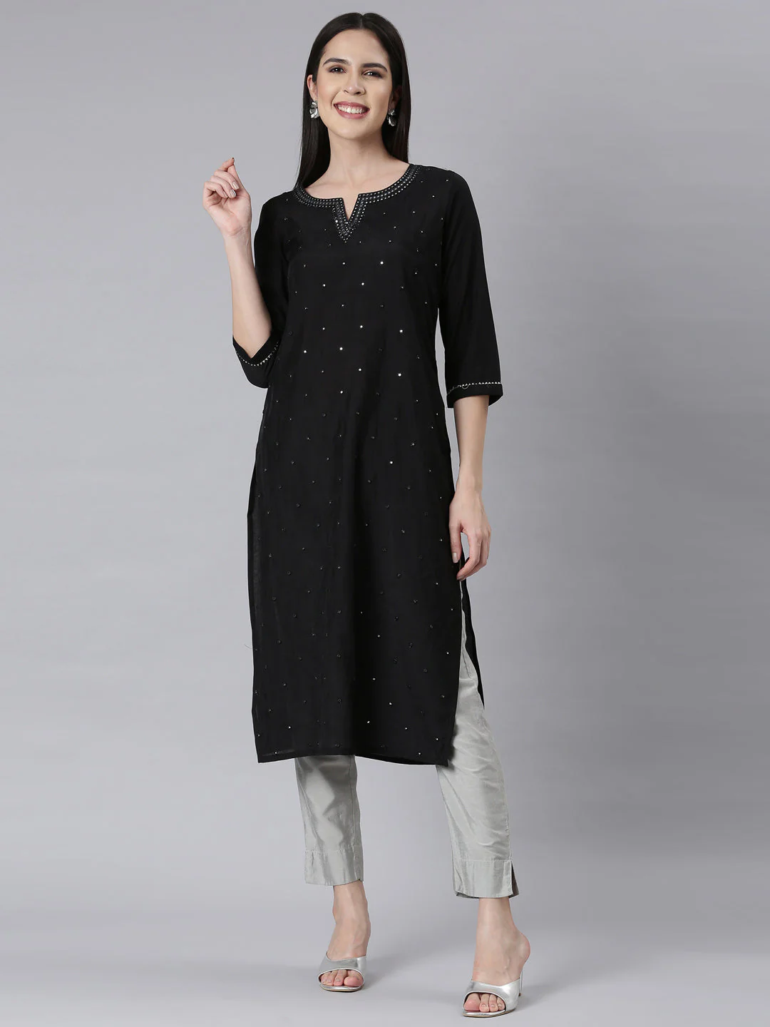 Neerus Black Panelled Straight Embellished Kurta