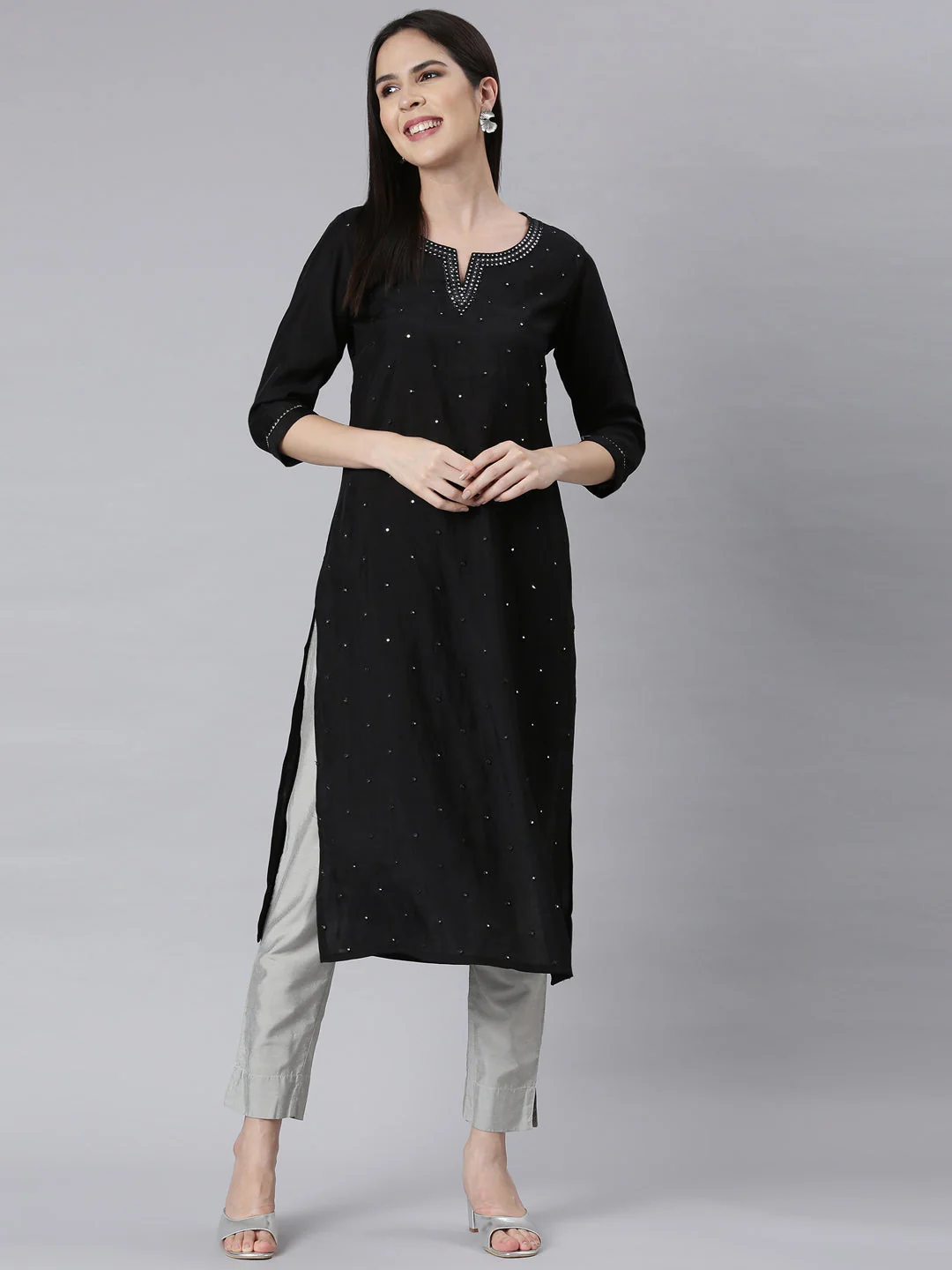 Neerus Black Panelled Straight Embellished Kurta - Image 4