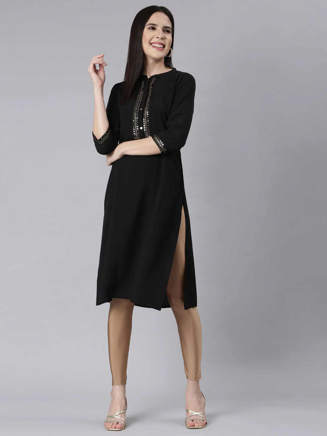 Neerus Black Panelled Straight Embellished Kurta - Image 4