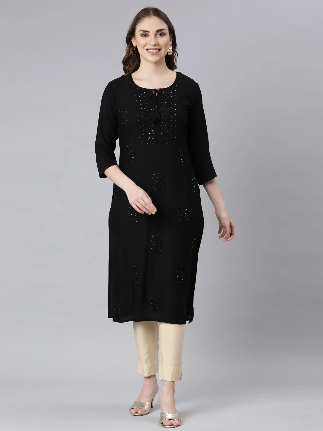 Neerus Black Panelled Straight Embellished Kurta