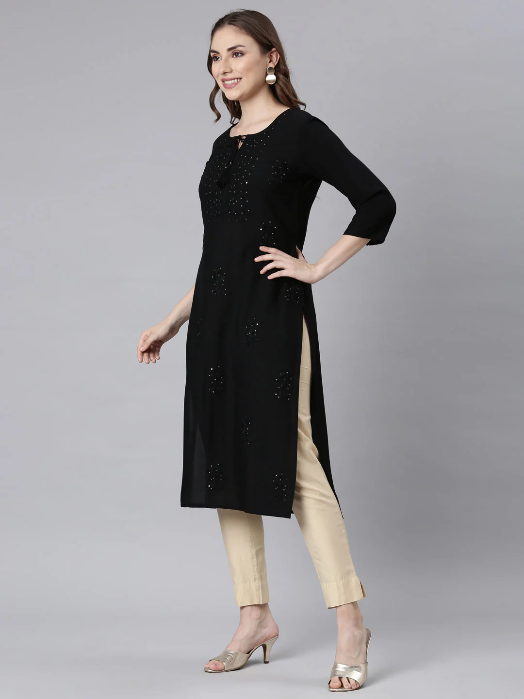 Neerus Black Panelled Straight Embellished Kurta - Image 3