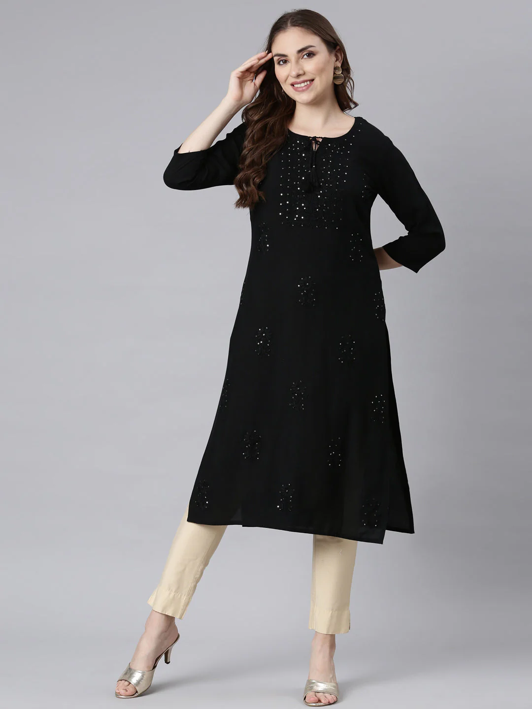 Neerus Black Panelled Straight Embellished Kurta - Image 5