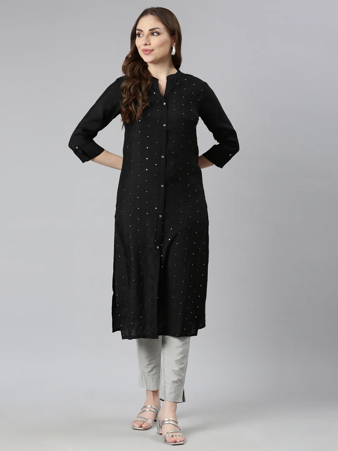 Neerus Black Panelled Straight Embellished Kurta - Image 5