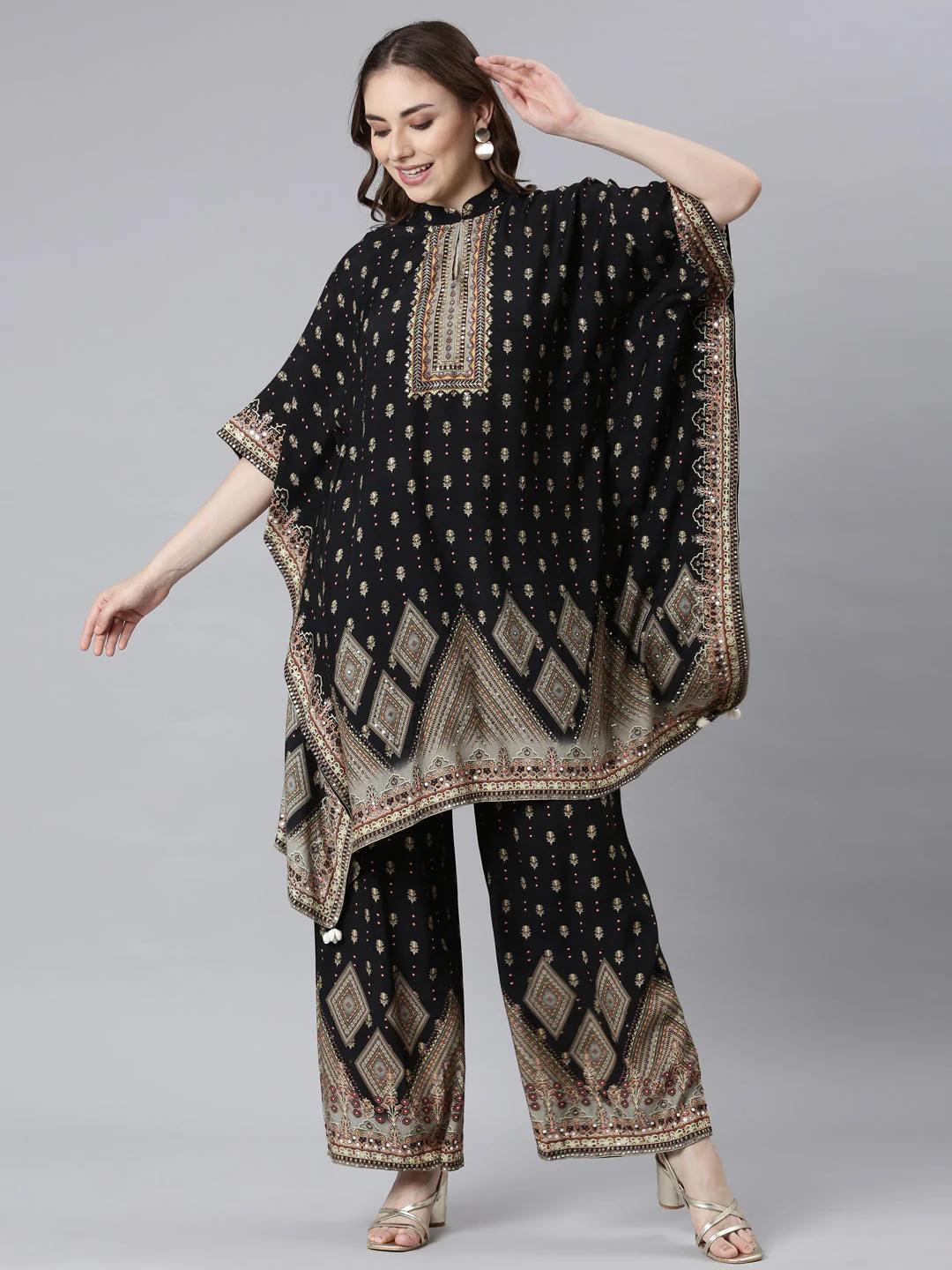 Neerus Black Panelled Straight Floral Kurta And Palazzos - Image 5