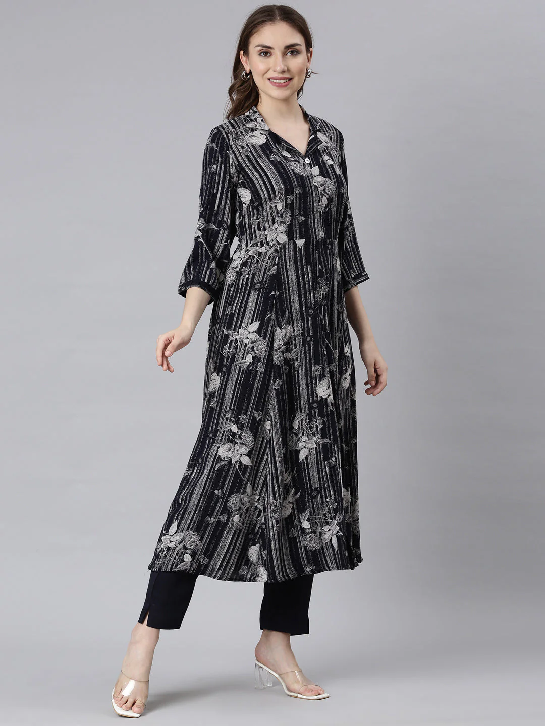 Neerus Black Panelled Straight Floral Kurta And Trousers - Image 3