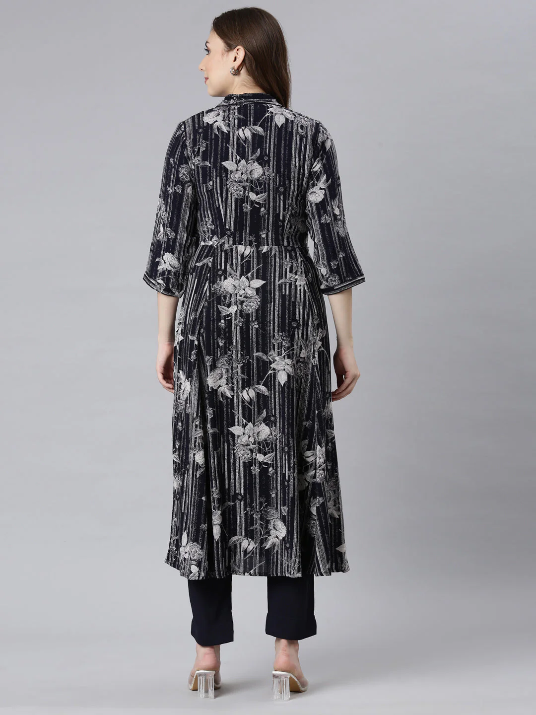 Neerus Black Panelled Straight Floral Kurta And Trousers - Image 4