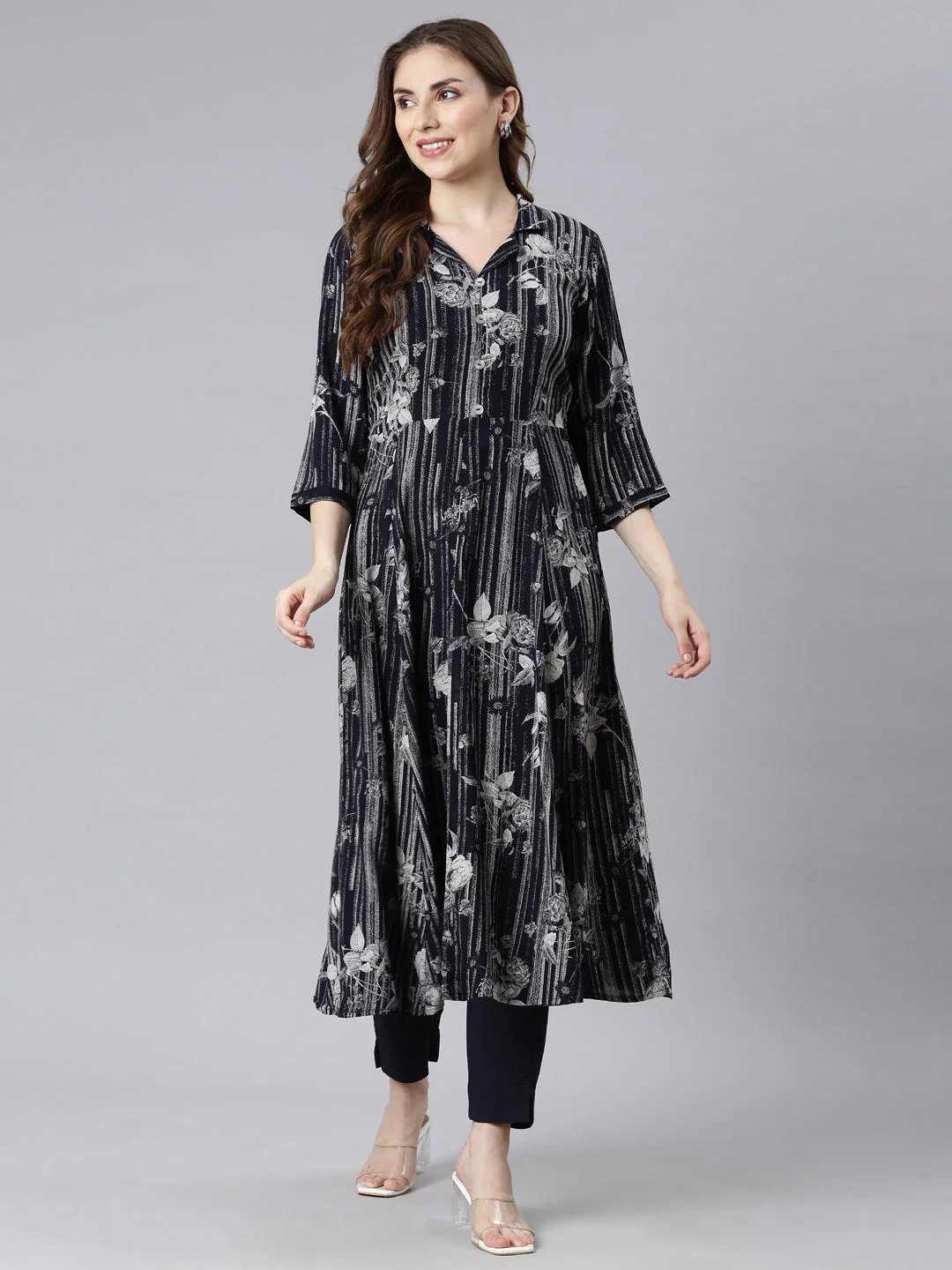 Neerus Black Panelled Straight Floral Kurta And Trousers - Image 5