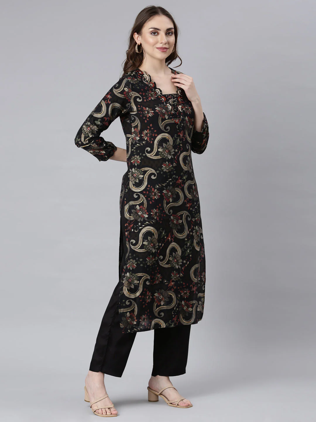 Neerus Black Panelled Straight Floral Readymade Suits - Image 3