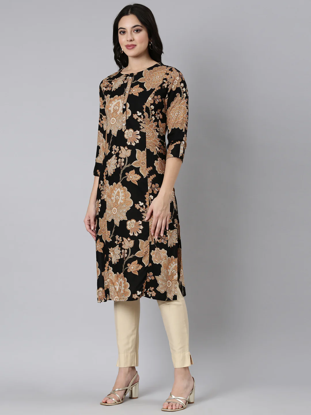 Neerus Black Panelled Straight Floral Kurta - Image 2