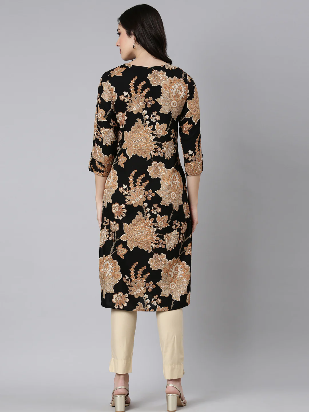 Neerus Black Panelled Straight Floral Kurta - Image 3