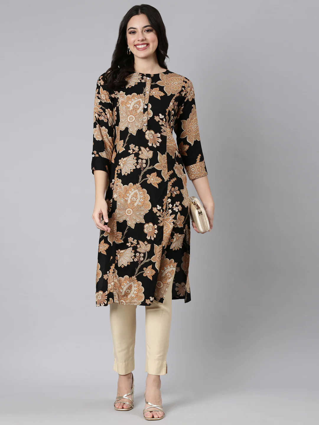 Neerus Black Panelled Straight Floral Kurta - Image 4