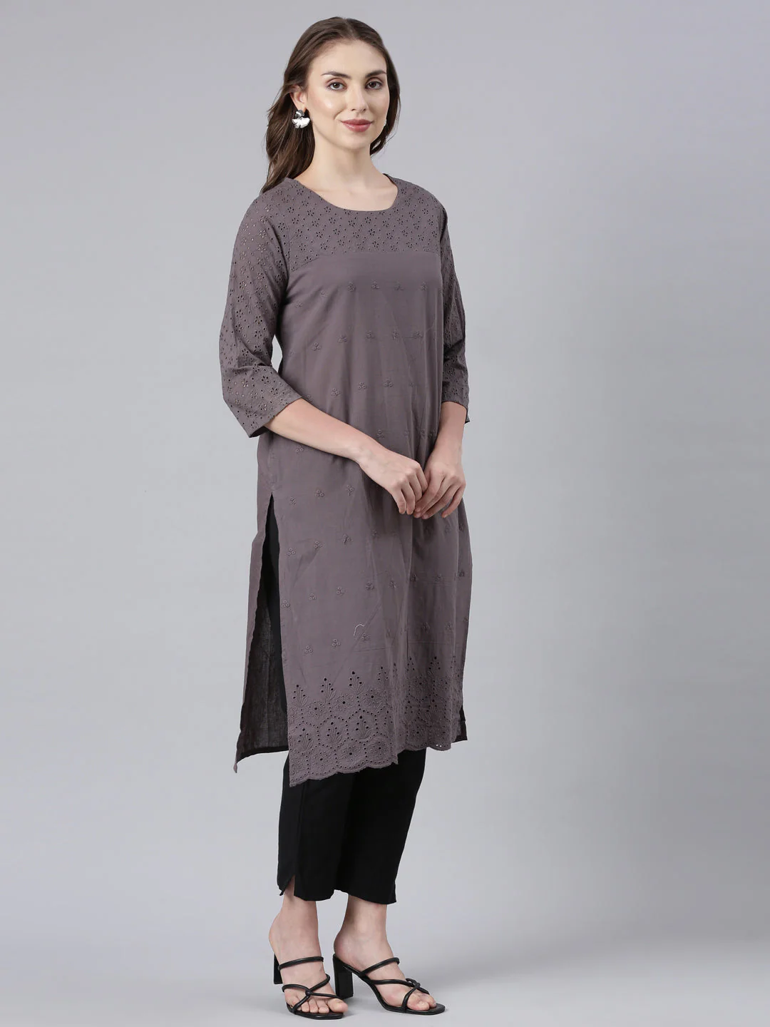 Neerus Black Panelled Straight Floral Kurta - Image 3