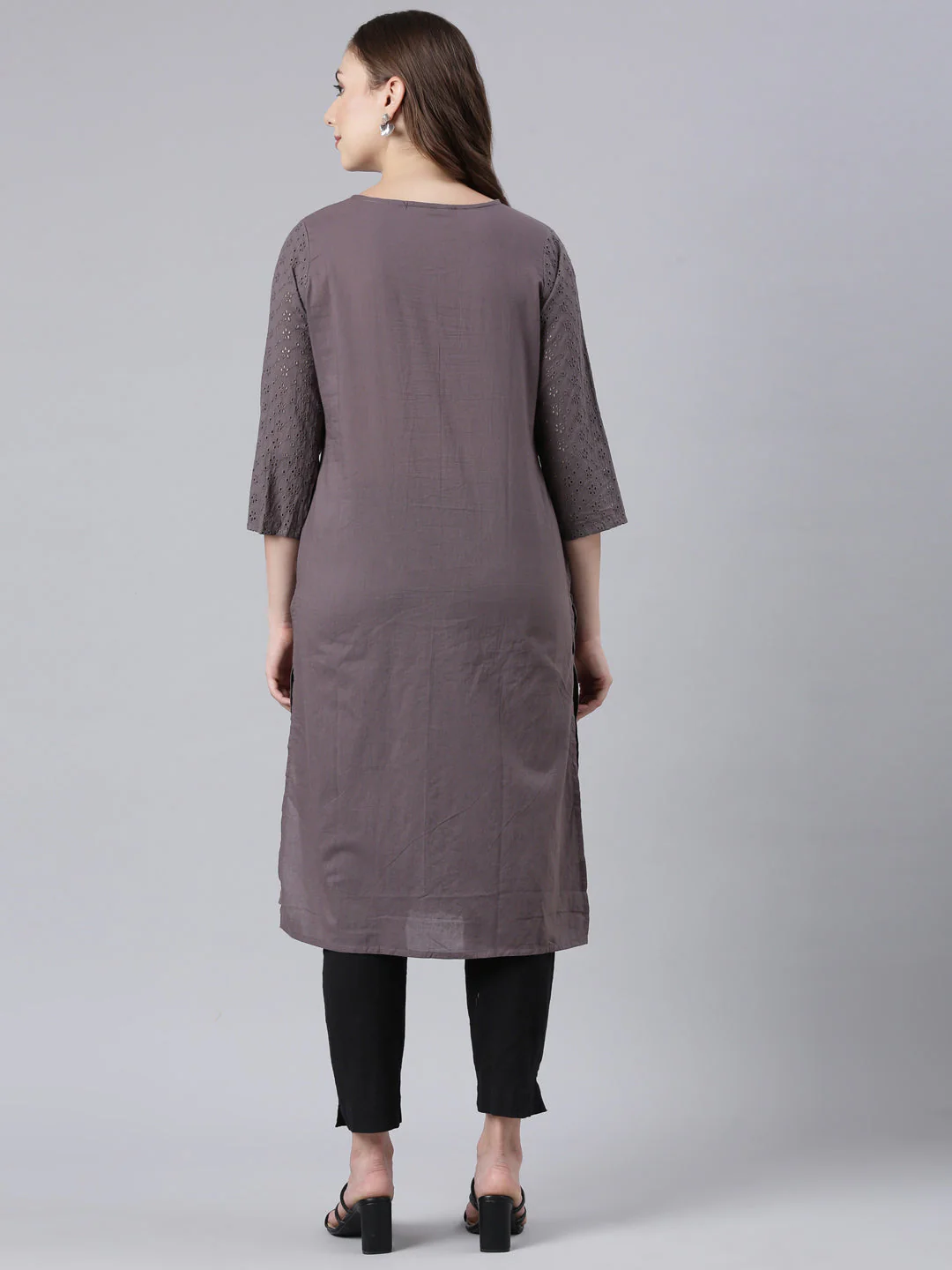 Neerus Black Panelled Straight Floral Kurta - Image 4