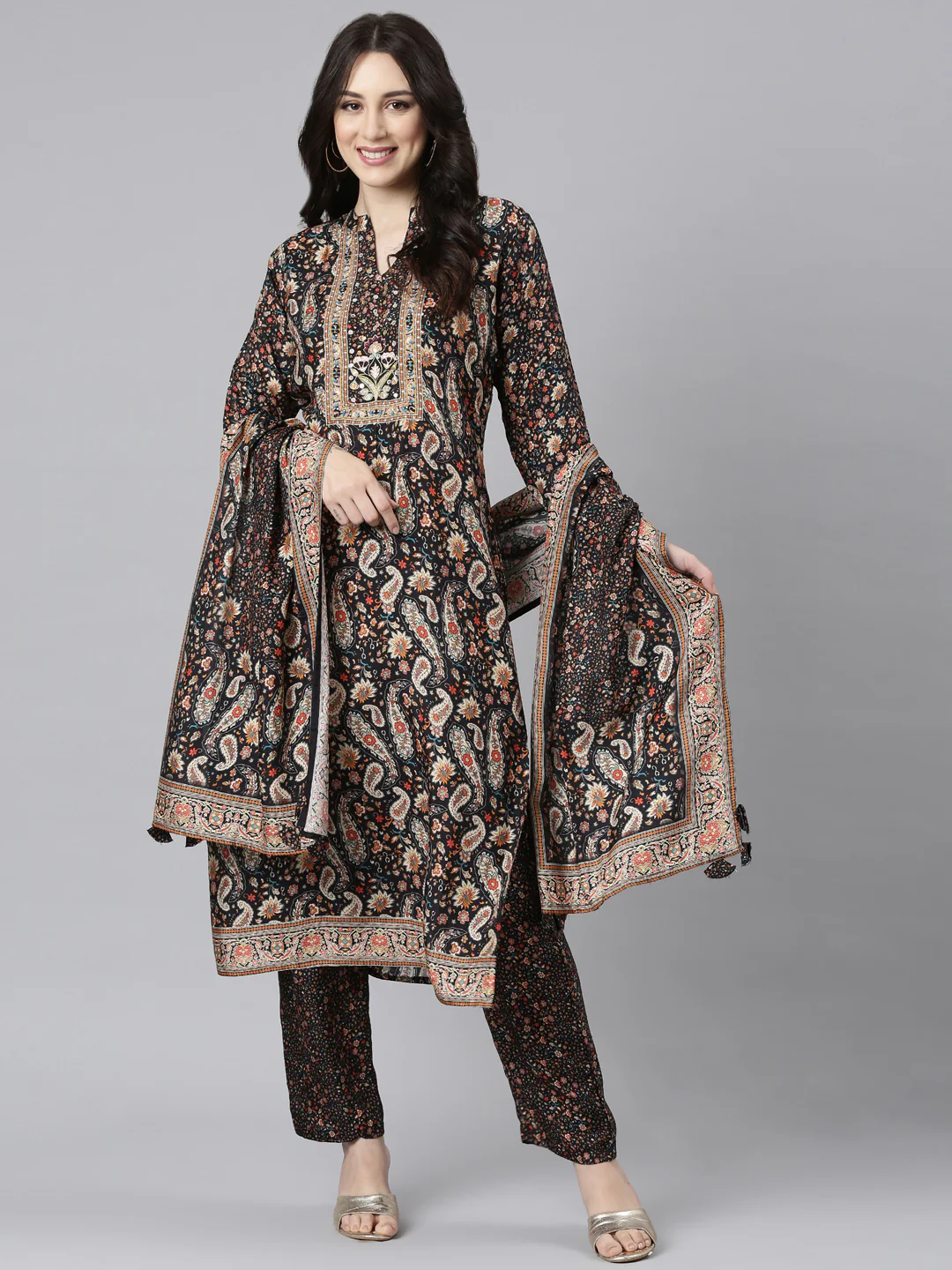 Neerus Black Panelled Straight Kurta and Trousers With Dupatta - Image 5