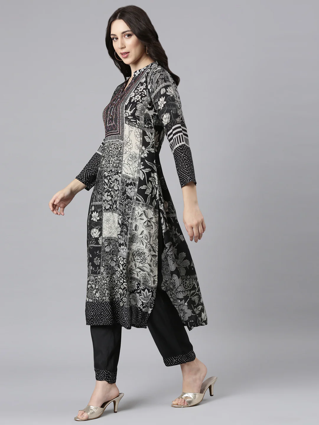 Neerus Black Panelled Straight Kurta and Trousers With Dupatta - Image 2