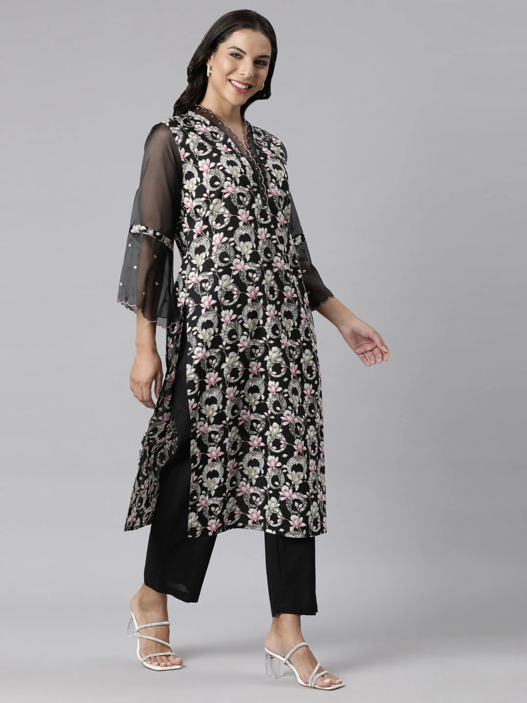 Neerus Black Panelled Straight Printed Kurta And Trousers With Dupatta - Image 3