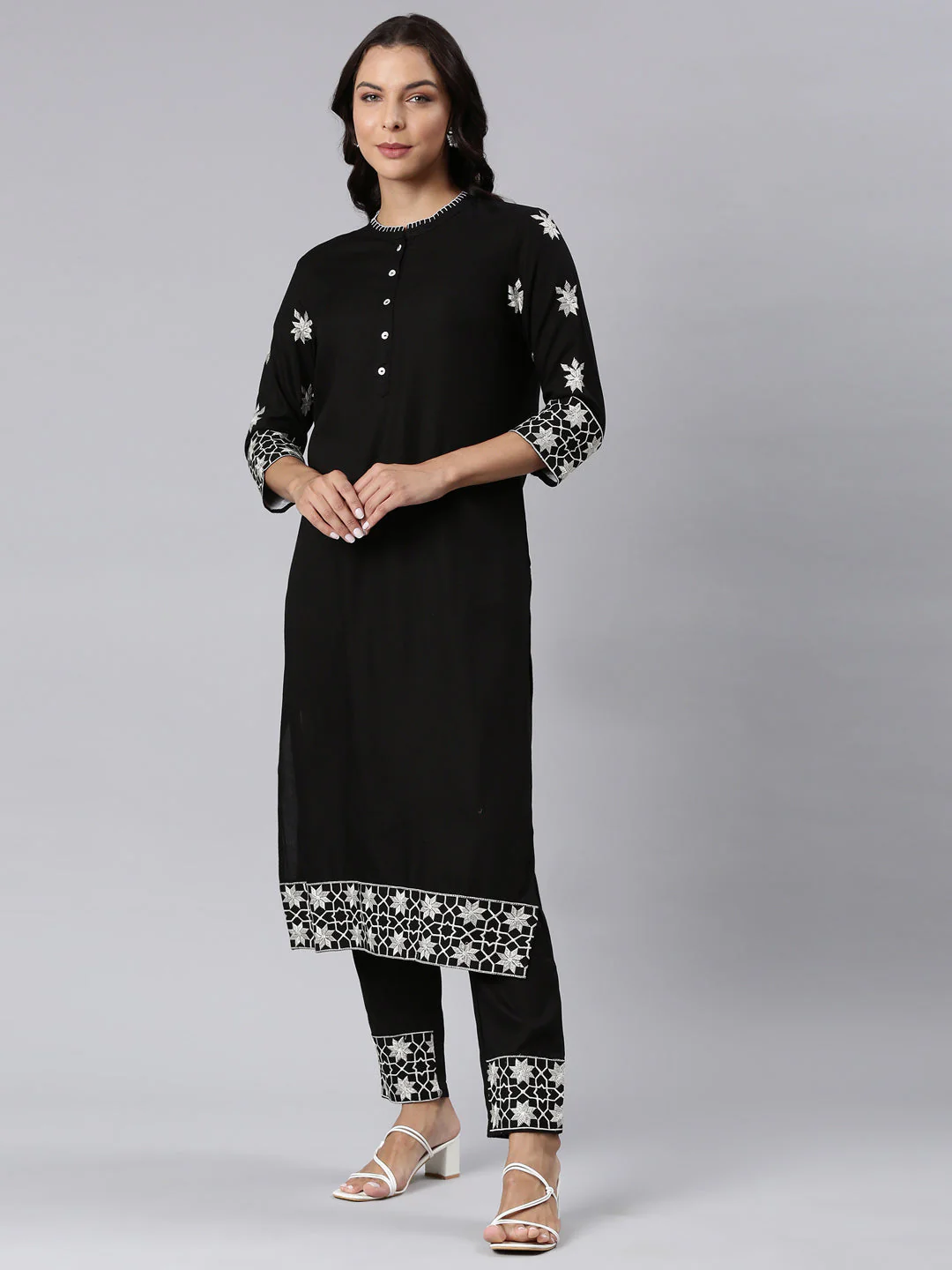 Neerus Black Panelled Straight Yoke Design Kurta And Trousers - Image 2