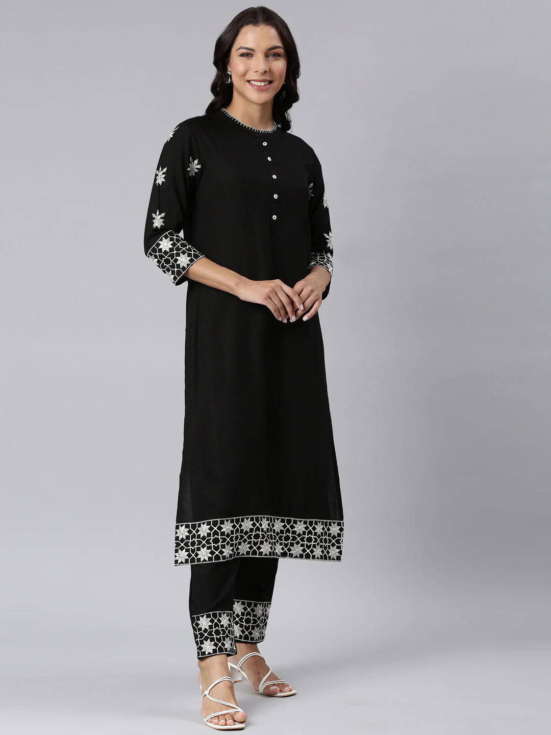 Neerus Black Panelled Straight Yoke Design Kurta And Trousers - Image 3