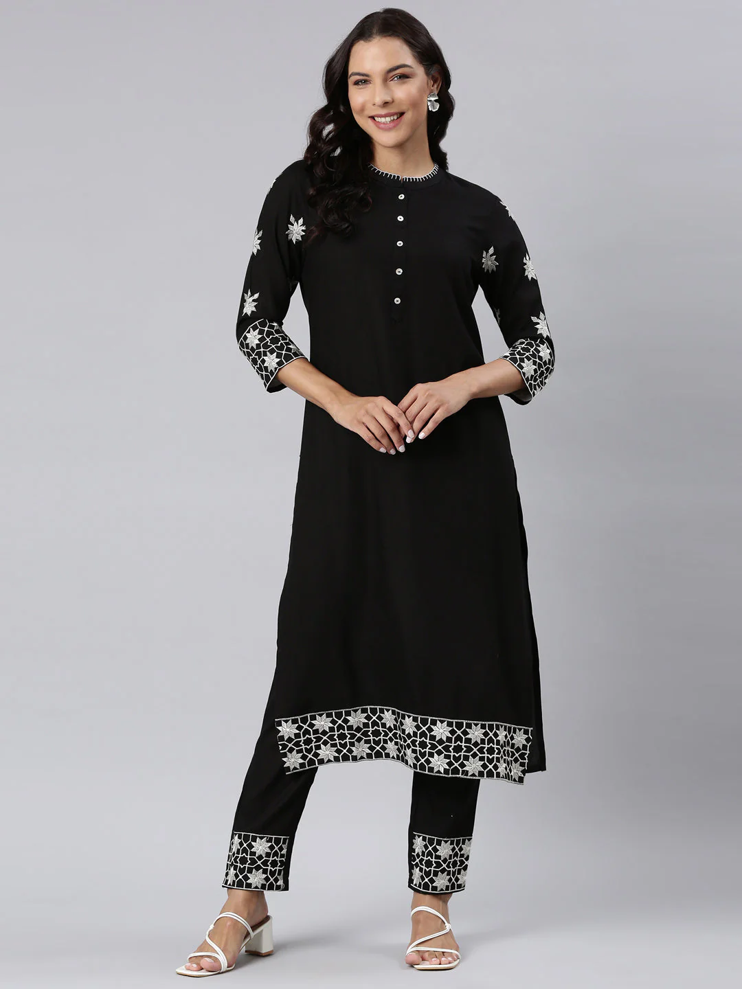 Neerus Black Panelled Straight Yoke Design Kurta And Trousers - Image 6