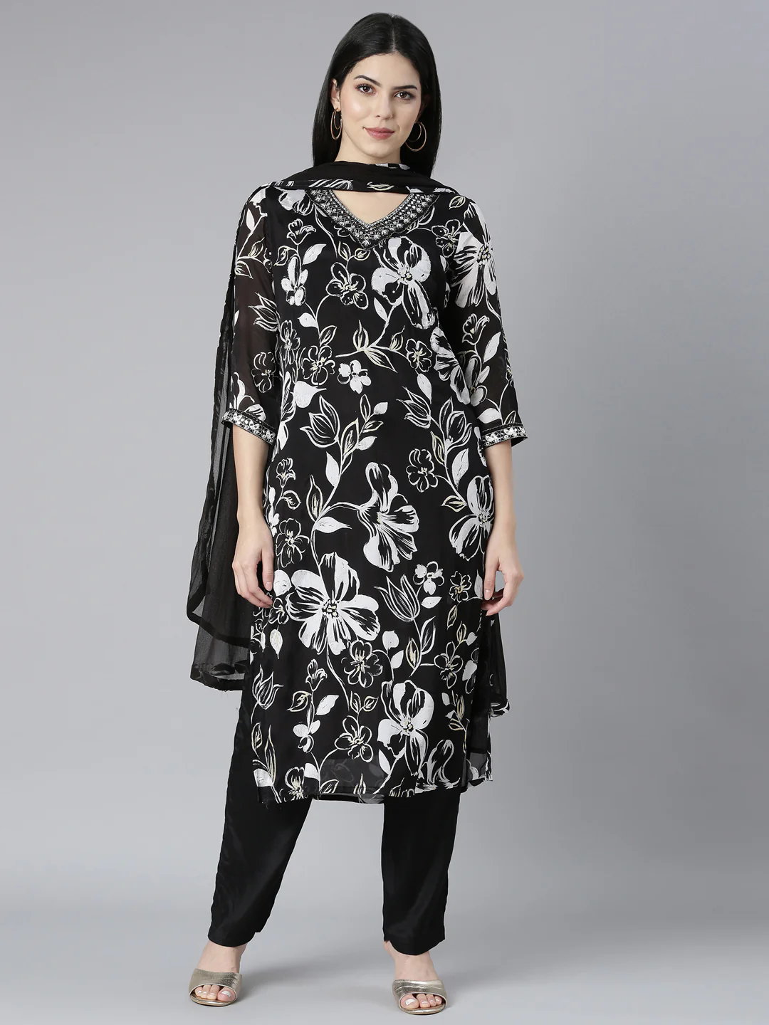 Neerus Black Pleated Straight Floral Kurta And Trousers With Dupatta