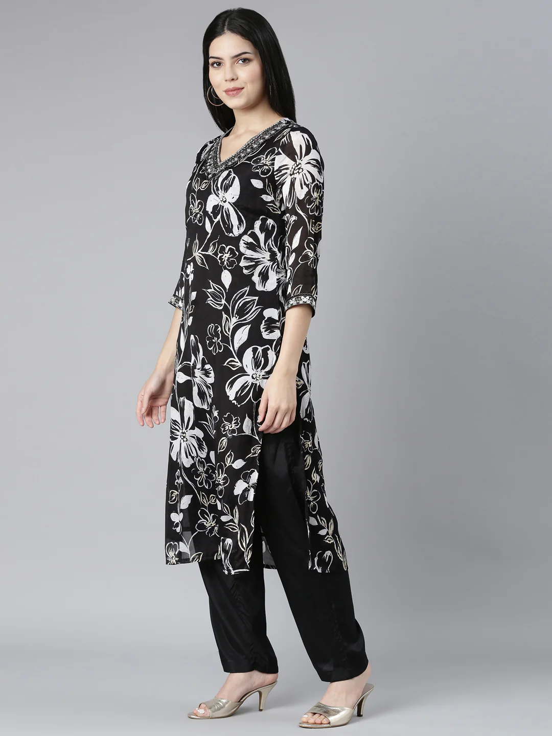 Neerus Black Pleated Straight Floral Kurta And Trousers With Dupatta - Image 2