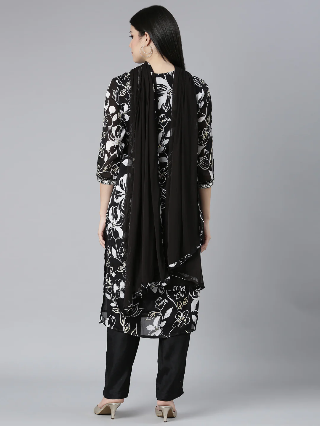 Neerus Black Pleated Straight Floral Kurta And Trousers With Dupatta - Image 3