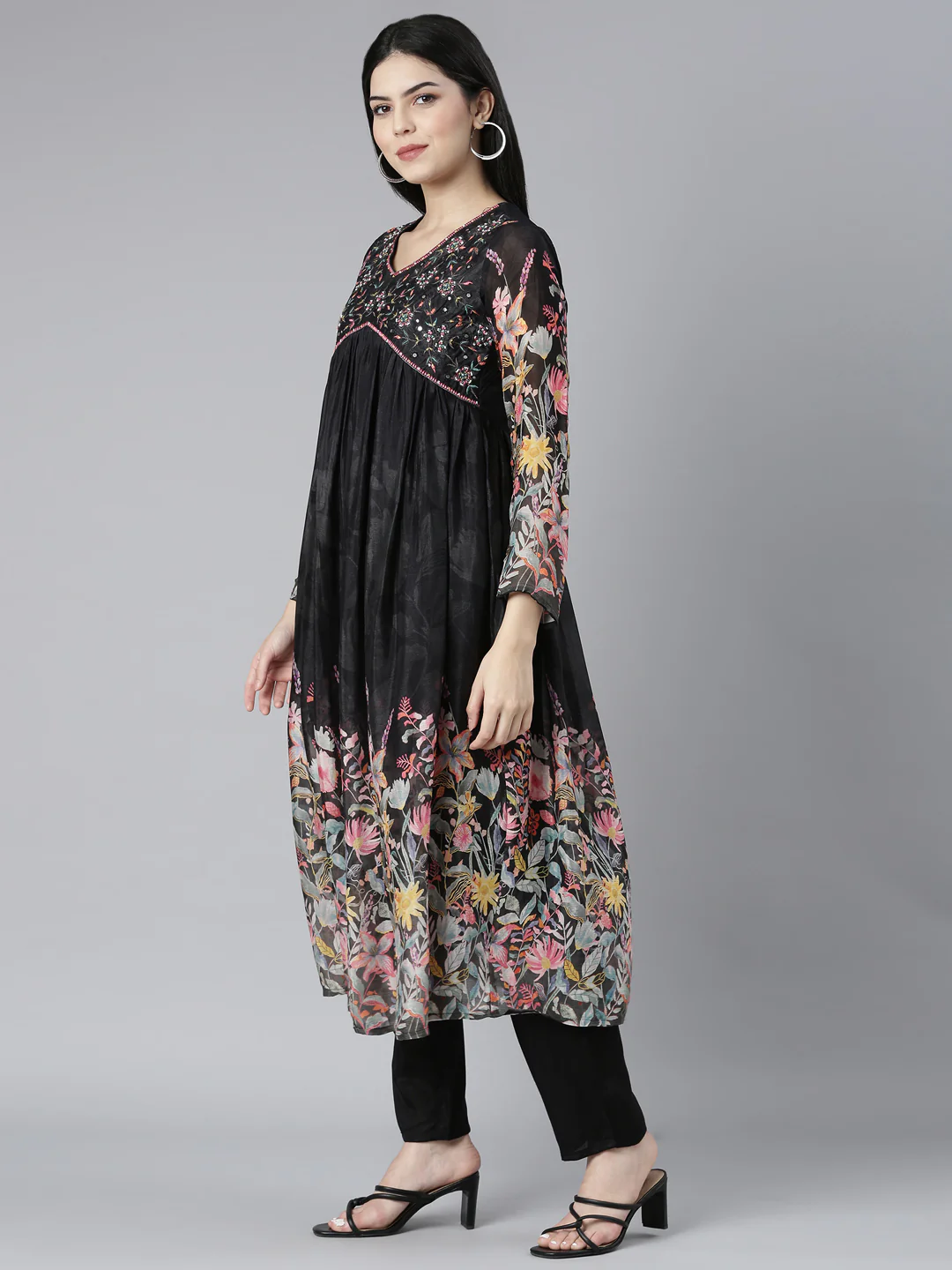 Neerus Black Pleated Straight Floral Kurta And Trousers With Dupatta - Image 2