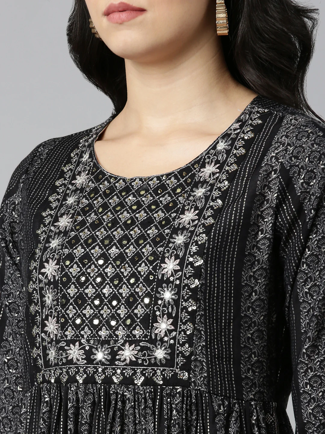 Neerus Black Pleated Straight Printed Readymade Suits - Image 4