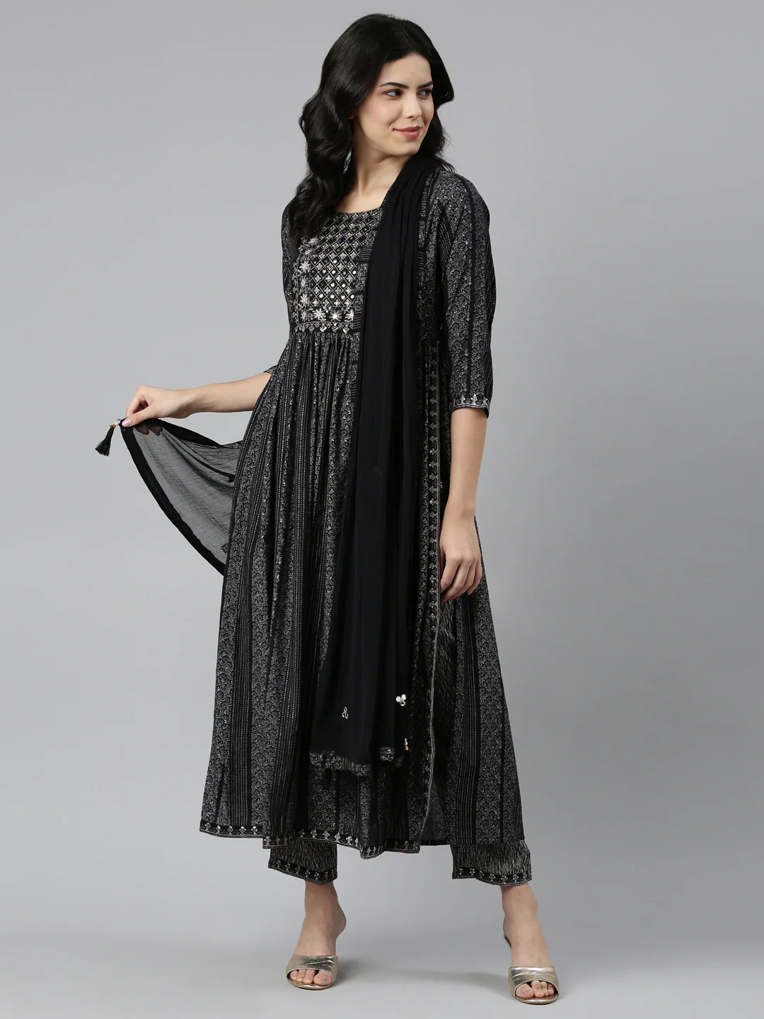 Neerus Black Pleated Straight Printed Readymade Suits - Image 5