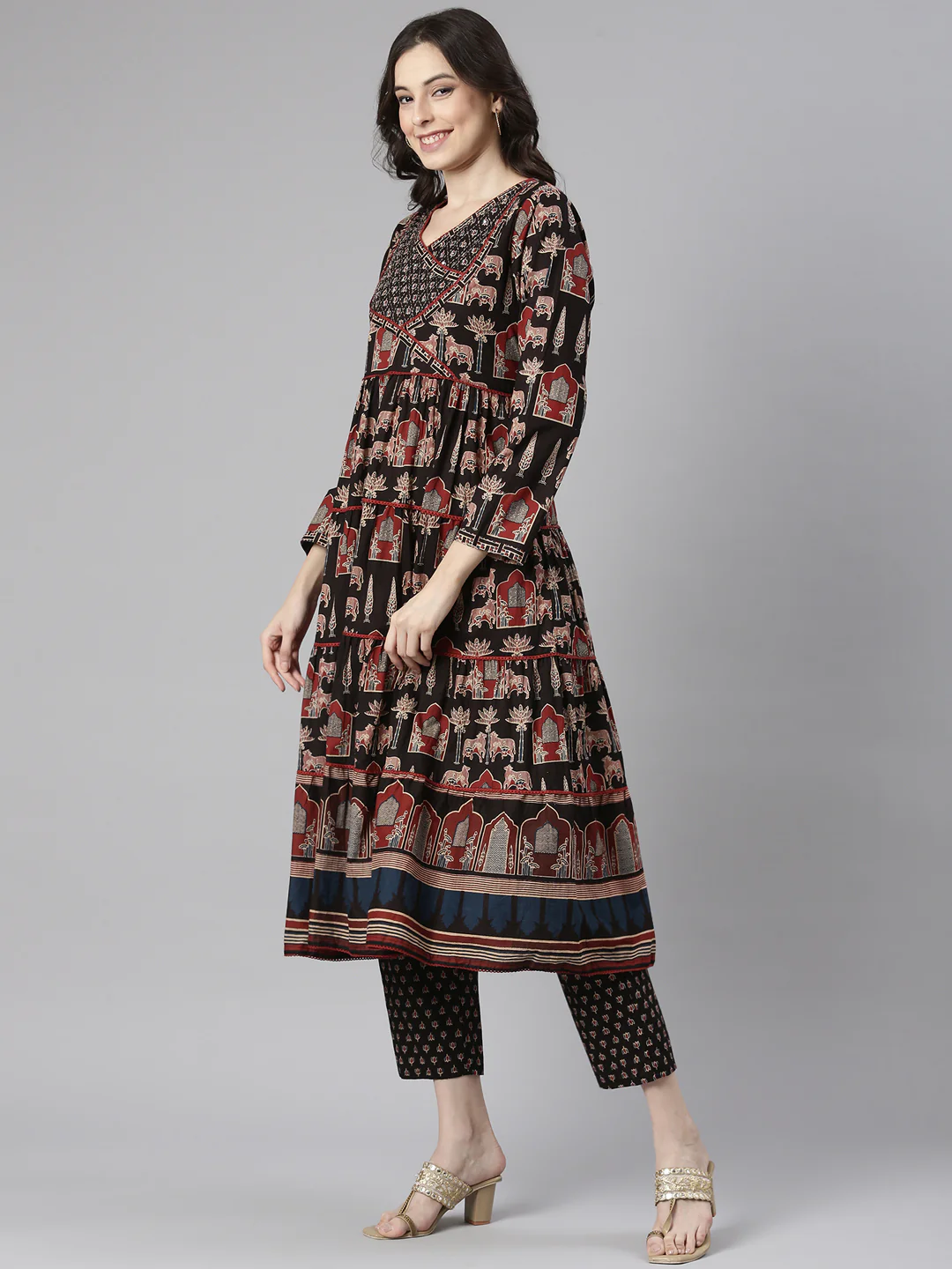 Neerus Black Printed Anarkali Kurta and Trousers With Dupatta - Image 3