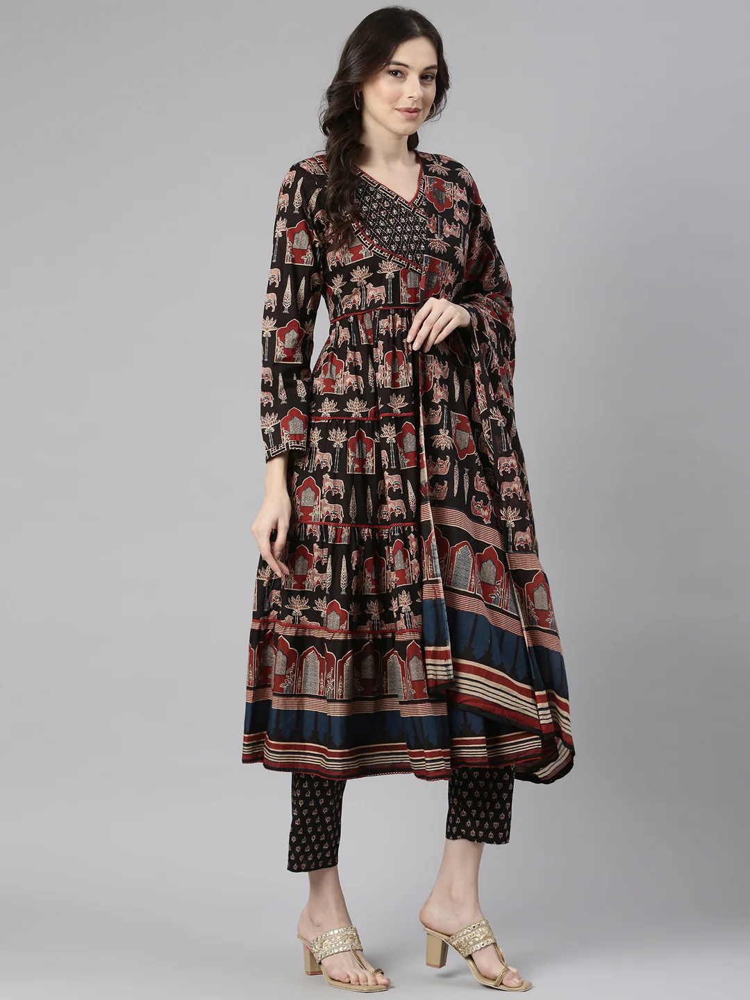 Neerus Black Printed Anarkali Kurta and Trousers With Dupatta - Image 5