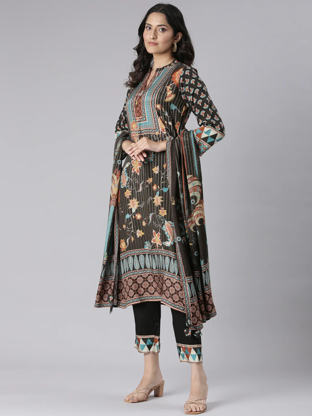 Neerus Black Printed Straight Kurta and Trousers With Dupatta - Image 5