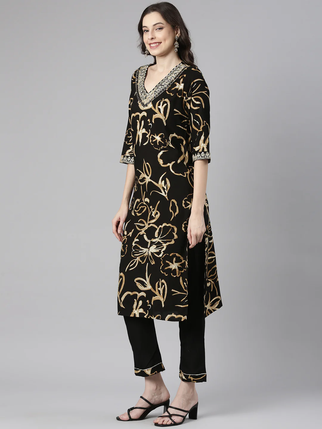 Neerus Black Printed Straight Kurta and Trousers With Dupatta - Image 2