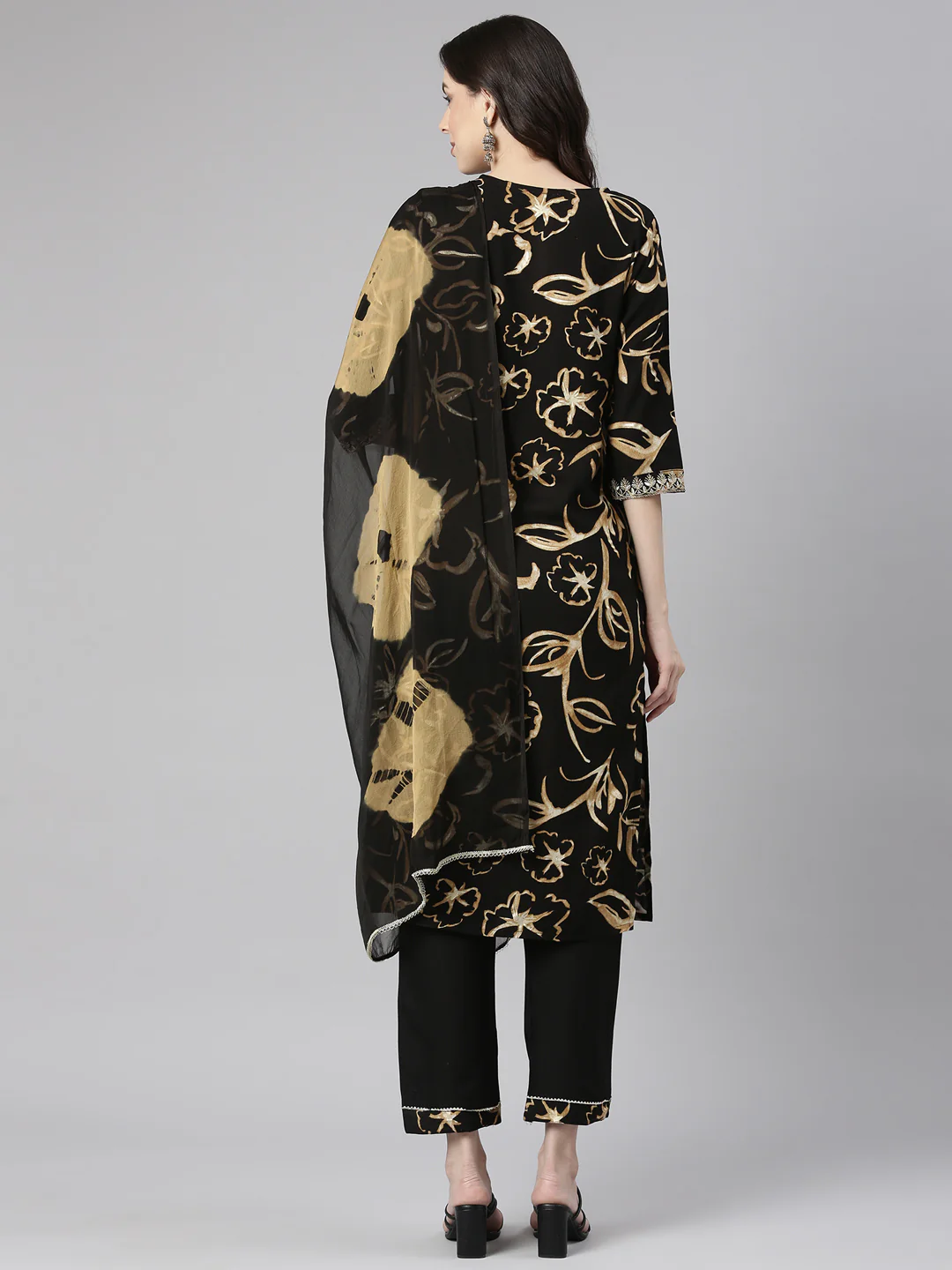 Neerus Black Printed Straight Kurta and Trousers With Dupatta - Image 3